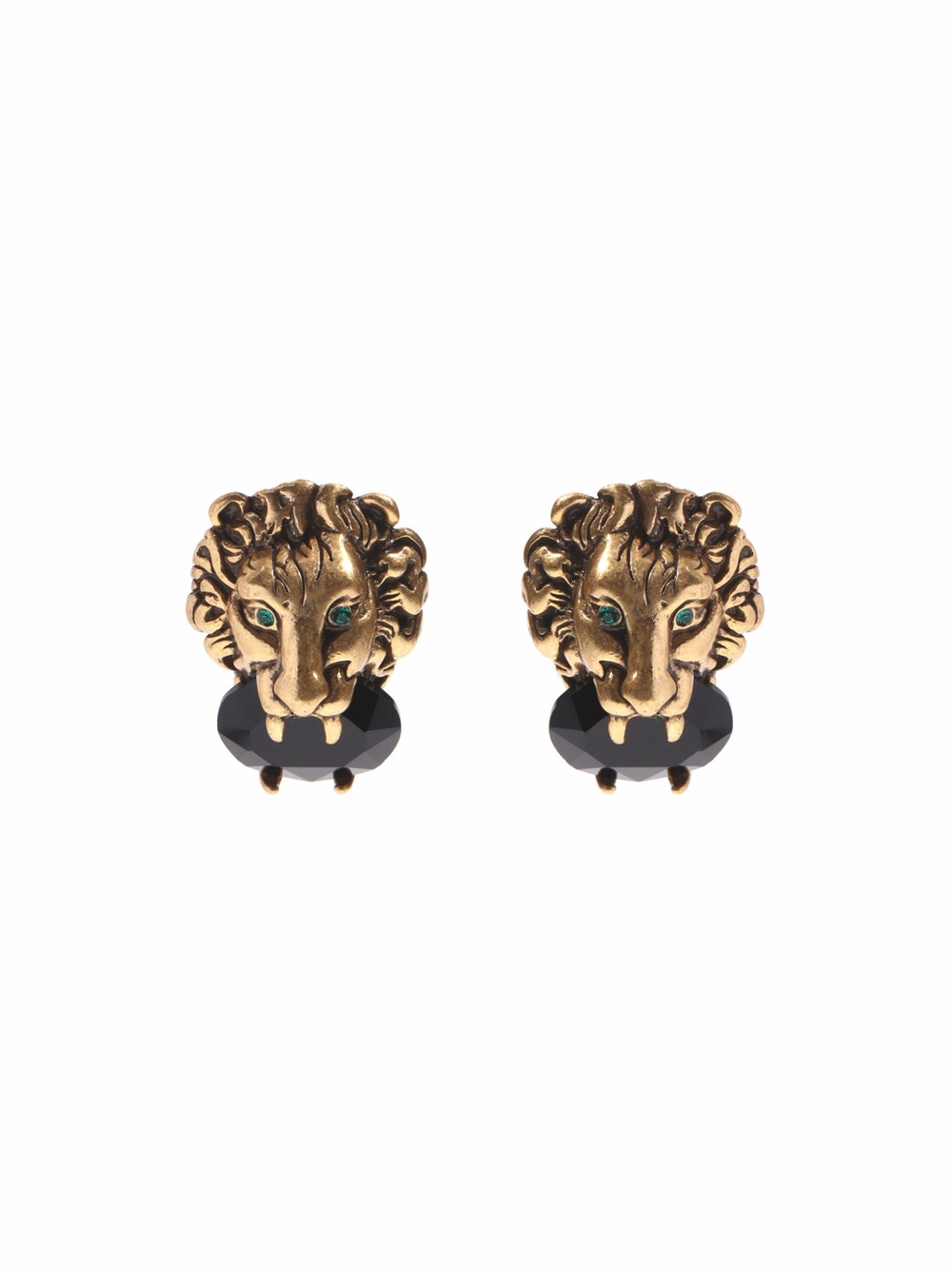 Gold tone Lion Head Stud Earrings with Black and Green Accents - lady jewelry